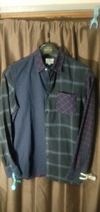 ランバン LANVIN 日本製 綿100% お洒落なクレイジーパターン 長袖シャツ 48/L位(実寸を参考に）