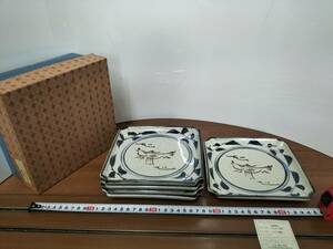コレクション　昭和　レトロ　アンティーク　料理皿　陶器　魚紋唐草　角和皿　5枚　まとめて　未使用