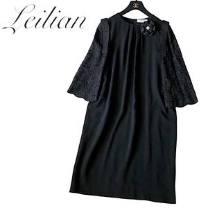 E13◆極美品 レリアン Leilian 大きいサイズ 11 L-XL前後 ワンピース 身幅50cm 2way リボン 袖 レース 上品 食事会 セレモニー フォーマル