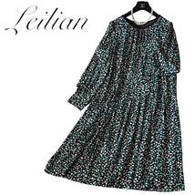 E19◆美品 レリアン Leilian プラスハウス 15+ XL～前後 ゆったり フレア ワンピース 身幅56cm リーフ 葉っぱ モチーフ可愛い 春におすすめ_画像1