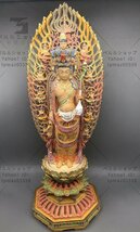 総檜材 木彫仏像 仏教美術 精密細工 金箔 切金 彩色十一面観音菩薩立像 高さ38cm_画像1