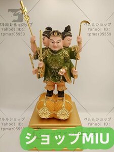 高さ40cm 切金 精密細工 仏師で仕上げ品 仏教美術 ★店長特選★極上品 彩色 三面大黒天立像 木彫仏像 総檜材