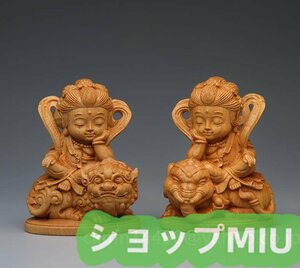 極上品 貴重供養品 2点セット 崖柏精密細工 文殊菩薩像仏師で仕上げ品 仏教美術