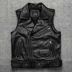 メンズレザー　ジャーキン ベスト 本革　牛革　バイクジャケット ライダース　　S～5XL　黒　