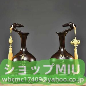 仏教美術 装飾 高さ：20CM 黒檀木彫りひょうたん置物実木彫刻家の居間 1対