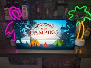 【Lサイズ オーダー無料】ウェルカム アウトドア キャンプ 焚火 テント ランタン ランプ 照明 看板 置物 雑貨 ライトBOX 電飾看板 電光看板