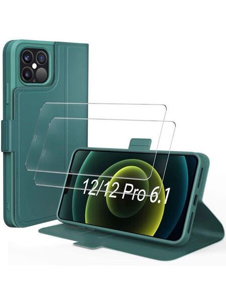 iPhone 12/12 Pro に対応 ケース 手帳型+液晶ガラスフィルム(2枚セット) カード入れ 2枚 6.1インチ