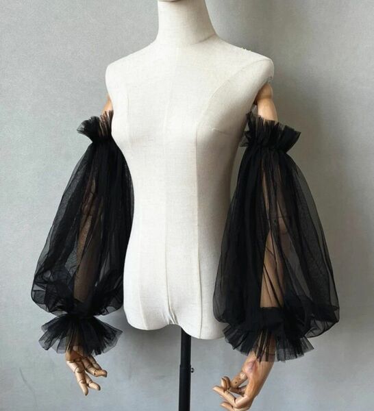 新品シフォンバルーン付け袖ドレス用長袖アームカバーブラック黒コスプレ衣装