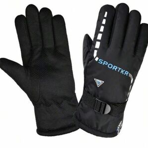 メンズ防寒手袋 バイク グローブ スキー裏起毛暖か新品ブラック黒×ブルーライン