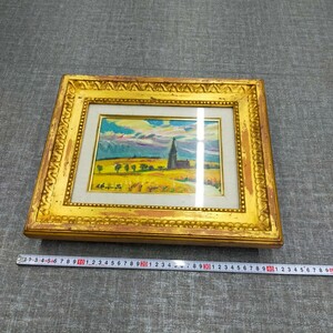 す1235 絵画 藤本東一良「イル・ド・フランド教会」 油彩 サムホール 日動画廊 シール 額装 日本芸術院会員 イルドフランス