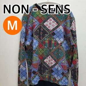 NON-SENS ノンサンス ニット トップス 長袖 総柄 カットソー ロングシャツ ブラック系 メンズ イタリア製 Mサイズ【CT131】