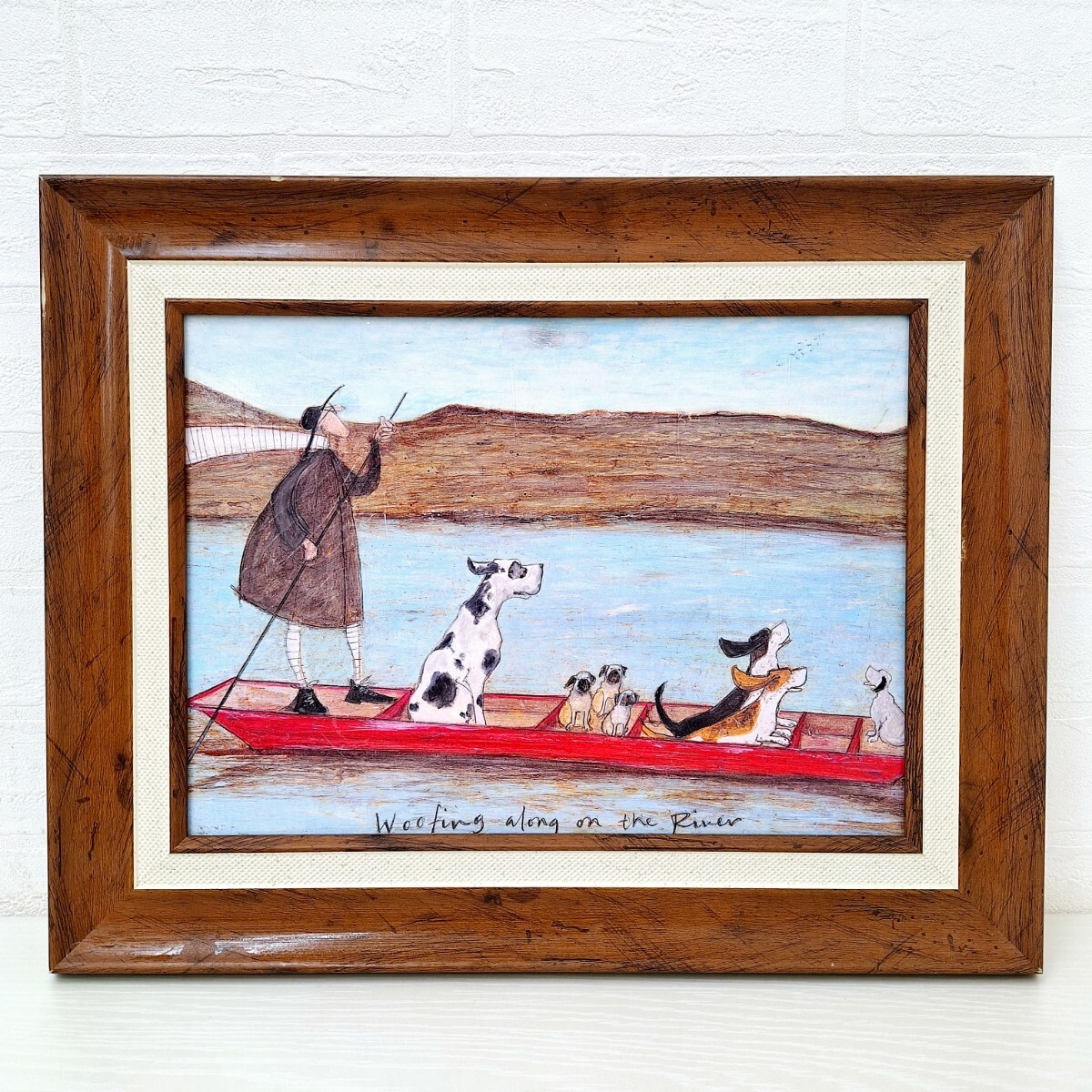 Samtoft Wan Wan crucero por el río pintura marco artístico perro río artista británico colgante de pared Interior pintura al óleo arte WK, muebles, interior, Accesorios de interior, otros