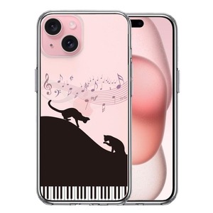 iPhone15Plus ケース クリア ピアノ シルエット猫 ブラック スマホケース 側面ソフト 背面ハード ハイブリッド