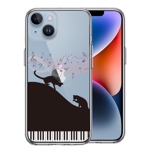 iPhone14Plus ケース クリア ピアノ シルエット猫 ブラック スマホケース 側面ソフト 背面ハード ハイブリッド