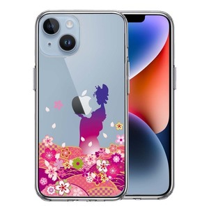 iPhone14Plus ケース クリア 日本女性 着物少女 青紫 スマホケース 側面ソフト 背面ハード ハイブリッド