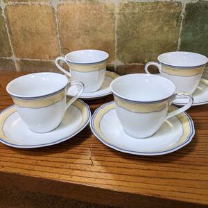 【Noritake】カップ&ソーサー イエロー&ブルーライン　1536　4セット　ノリタケ