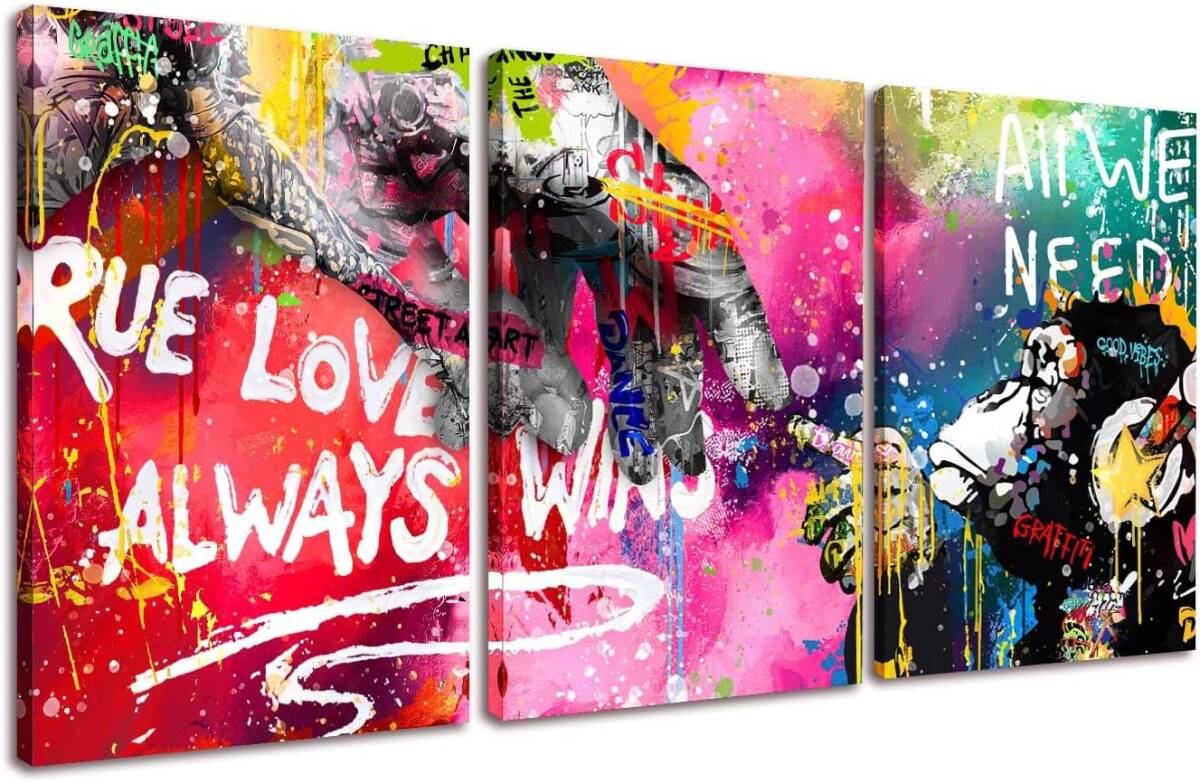 [Reproduction] Art Panel Banksy Wall Hanging Canvas Canvas Painting Interior 3 Piece Set New Contemporary Art Wooden Frame Painting Picture Approx. 42x30cm, Artwork, Painting, others