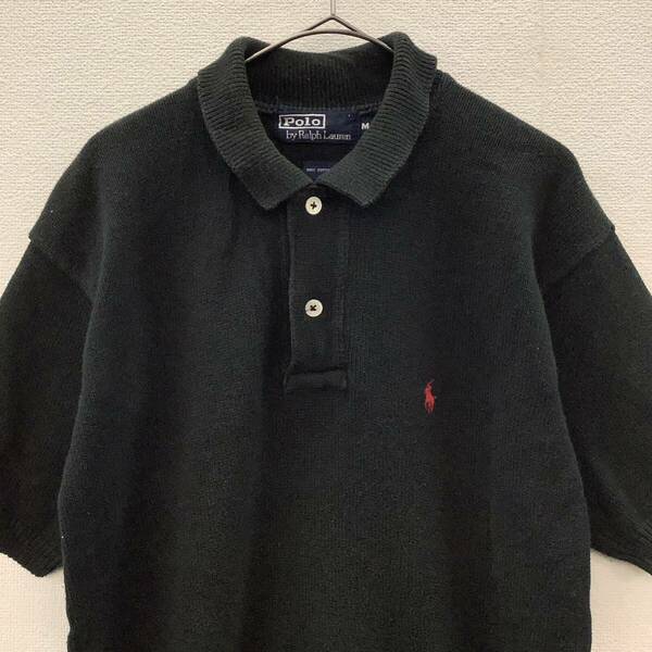 POLO by RALPH LAUREN 90s ポロバイラルフローレン ニット ポロシャツ ワンポイントロゴ ビンテージ 古着 size M ブラック 78590