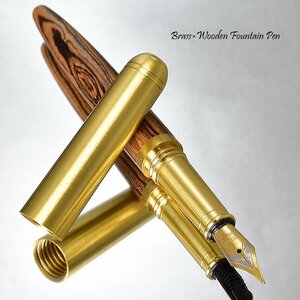 ◆●【BRASS×WOODEN】真鍮×ウッド 万年筆 タイガーウッド 天然木軸 M 中字 金属製 レトロモダン ゴールドカラー 新品 1円～ /M465TW*