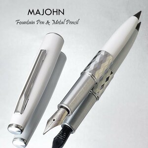 ◆●多機能【MAJOHN】N102 万年筆+メタル ペンシル 削らずに書き続けられる金属鉛筆 ホワイト F細字 ペンケース・替え芯2本付 新品/MN102WH