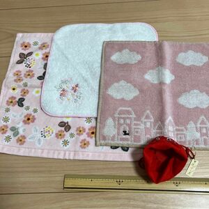 タオルハンカチ3種と和風巾着袋 ピンク系カラー
