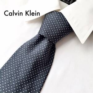 美品 Calvin Klein カルバンクライン シルク ネクタイ 絹 100% 日本製 ビジネス フォーマル カジュアル ドット柄 ダークグレー メンズ