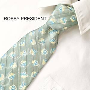 訳あり ROSSY PRESIDENT 日本製 和柄 シルク 絹 100% レギュラータイ ネクタイ レジメンタルタイ グリーン ビジネス カジュアル 透け感