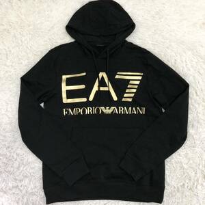 極美品 XL-2XL位/EMPORIO ARMANI エンポリオアルマーニ EA7 プルオーバーパーカー ゴールドロゴ ブラック 黒 6LPM52 切り替え