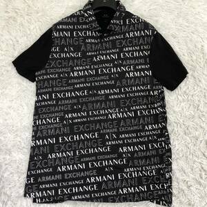 極美品L- XL位/ARMANI EXCHANGE アルマーニ エクスチェンジ メンズ ボタンダウン ポロシャツ A|X 切替デザイン 春夏 総柄 ブラック 黒 