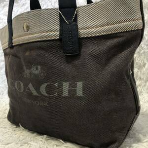 1円〜■極美品■COACH コーチ トートバッグ ビジネス 大容量 A4 レディース メンズ レザー ロゴドン デニム キャンバス ネイビー 紺色