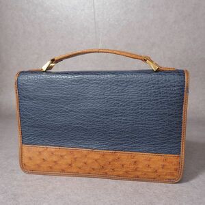 2-DH425 Brioni Brioni Italy made top class leather × Ostrich clutch bag second bag navy / Camel men's 