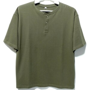 特価/未使用【サイズ=L】 ノーブランド/メンズ/半袖/ヘンリーネック/Tシャツ/胸囲=96～104cm/khaki