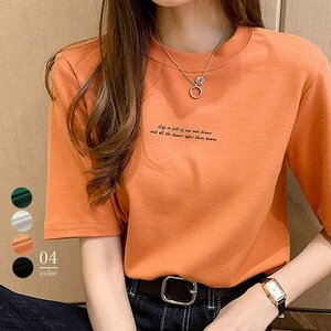 夏 ロゴｔシャツ レディース 半袖 カットソー ラウンドネック 英字プリント L ホワイト