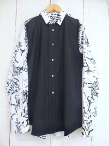 BLACK COMME des GARCONS ブラック コムデギャルソン デザイン切り替え長袖シャツ ブラック、ホワイト 毛100% L 1H-B004 AD2021