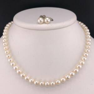 E03-3594 3595☆ 2点SET☆アコヤパールネックレス＆イヤリング 6.5mm~7.0mm 38cm 24g 7.0mm 2.0g ( アコヤ真珠 Pearl SILVER )