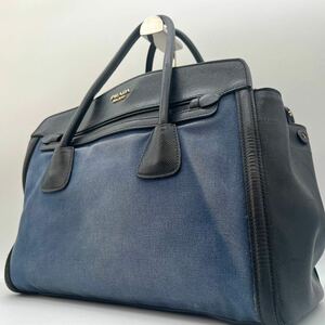 1円〜【高級モデル】プラダ PRADA ハンドバッグ トートバッグ ビジネスバッグ デニム サフィアーノ レザー ブラック 黒 シルバー 大容量 