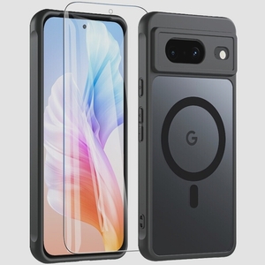 送料無料★OWKEY Google Pixel8 ケース ガラスフィルム付き・MagSafe対応 半透明 (ブラック)