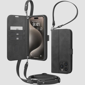 送料無料★Spigen iPhone 15 Pro Max ケース 手帳型 カード収納 スタンド機能 ショルダー (ブラック)