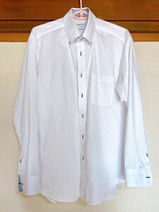 オリヒカ　ワイシャツ　白 ボタンダウン 織柄切替ブルー織柄 長袖 形態安定