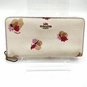 COACH コーチ 長財布 花柄 ホワイト系×ピンク 馬車ロゴ ゴールド金具 レディース