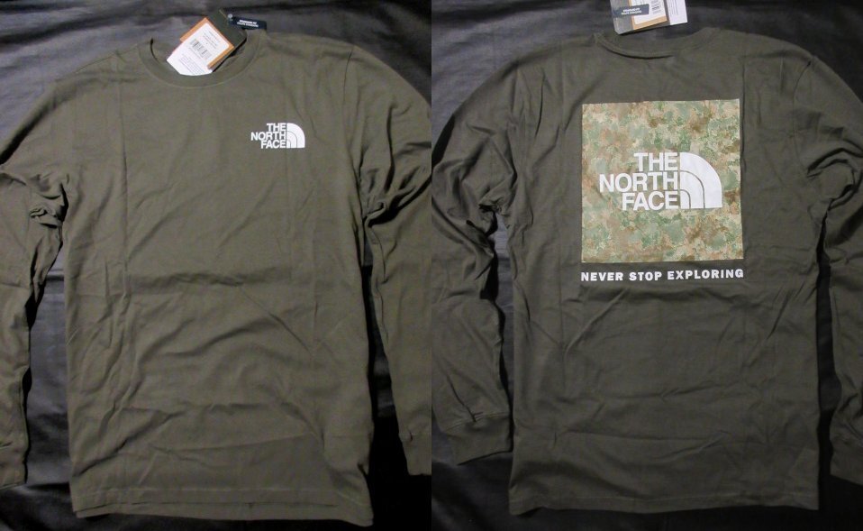 Genuine genuine ◆The North Face◆Long sleeve T-shirt Box logo BOX NSE■L■Khaki green/camouflage■New ■NEW TAUPE Painting style America limited/L, Men's, tops, long sleeve t-shirt