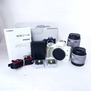 【送料無料】 キャノン EOS Kiss M ホワイト + EF-M 15-45mm、55-200mm ミラーレス一眼 ダブルズームキット 簡易動作OK 美品 /2403C