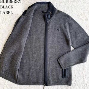 綺麗 希少L(3) バーバリーブラックレーベル ドライバーズニット ジャケット ホース刺繍 レザー ジップ ブルゾン BURBERRY BLACK LABEL