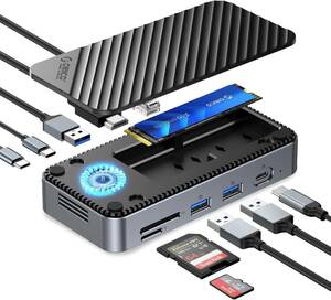 M.2 SSD 外付けケースー付きUSB Cハブ、ORICO 10-in-1 USB-C ドッキングステーション内蔵ファン、10Gbps USB 3.2 Gen2 M.2