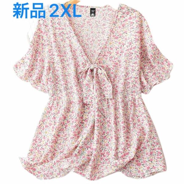 新品　レディース　半袖シャツ　チュニック　Ｖネック　ピンク　小花柄　2XL 大きいサイズ　ゆったり　韓国風　3L