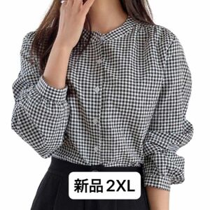 新品レディース　長袖コットンシャツ　ブラウス　ブラック　黒　ギンガムチェック　3XL 4L ゆったり　韓国風　大きいサイズ