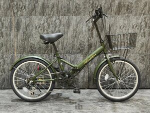 【新品未使用アウトレット品】前カゴ＆ワイヤー錠付属20インチ折り畳み自転車SHIMANO外装6段変速　カーキ【SK55555】