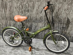 【アウトレット品】前カゴ付属20インチ折り畳み自転車SHIMANO外装6段変速　カーキ【SK20102】