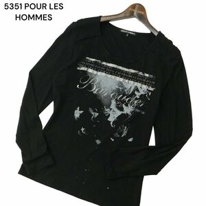 5351 POUR LES HOMMES 5351プールオム 通年 プリント★ モダール 長袖 カットソー ロンTシャツ Sz.2　メンズ 黒 日本製　A4T01944_2#C