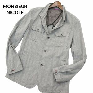 MONSIEUR NICOLE ムッシュ ニコル 背抜き 麻 リネン混★ 襟ワイヤー ヘリンボーン スタンドカラー ジャケット Sz.48　メンズ　A4T01809_2#M